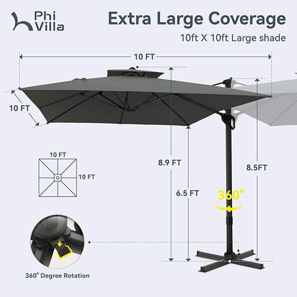 PHI VILLA 10ft Cantilever Patio Umbrella, Outdoor Large Square Umbrellas with 360°Rotation, Heavy Duty Hydraulic Double Umbrella Windproof for Outside, Pool, Deck, Garden, Porch, Grey(No Base)