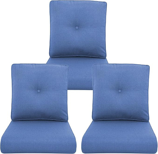 Outdoor Chair Cushions 3 Packs - Outside High Back Thick Water-Resistant Cushion 22x24 with Zipper Cover for Patio Glider Rocking Chairs Loveseat Couch – Blue/Buckle