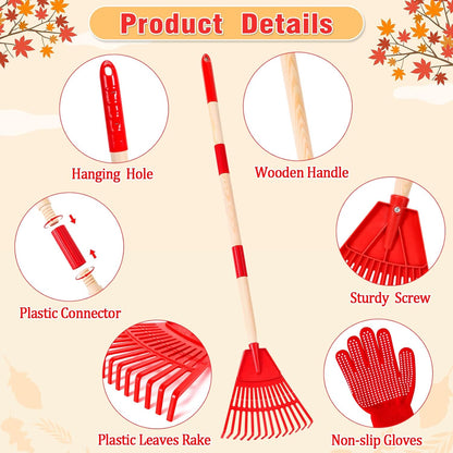 2 Pcs 35'' Kids Rakes for Leaves - Plastic Rake Head with 2 Pairs Kids Gloves, Small Kids Lawn Rakes Detachable Wooden Handle, Autumn Garden Tool Set for Kids Boys and Girls, Red & Blue, 3yr+