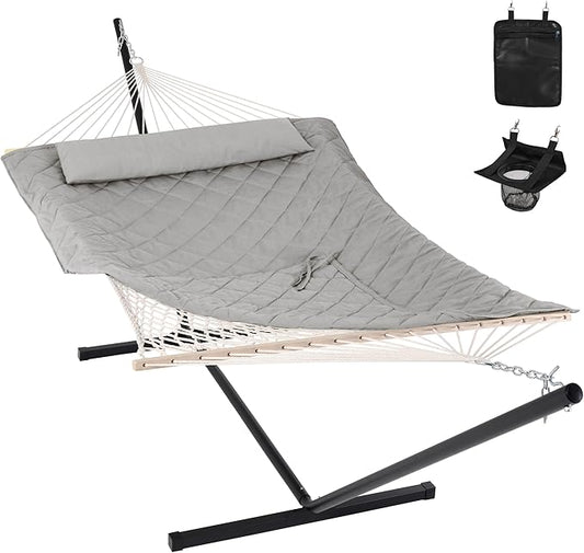 ANOW Double Rope Hammock with Stand 12FT, Heavy Duty Hammock with Polyester Pillow and Pad, 450 LBS Weight Capacity, Light Grey