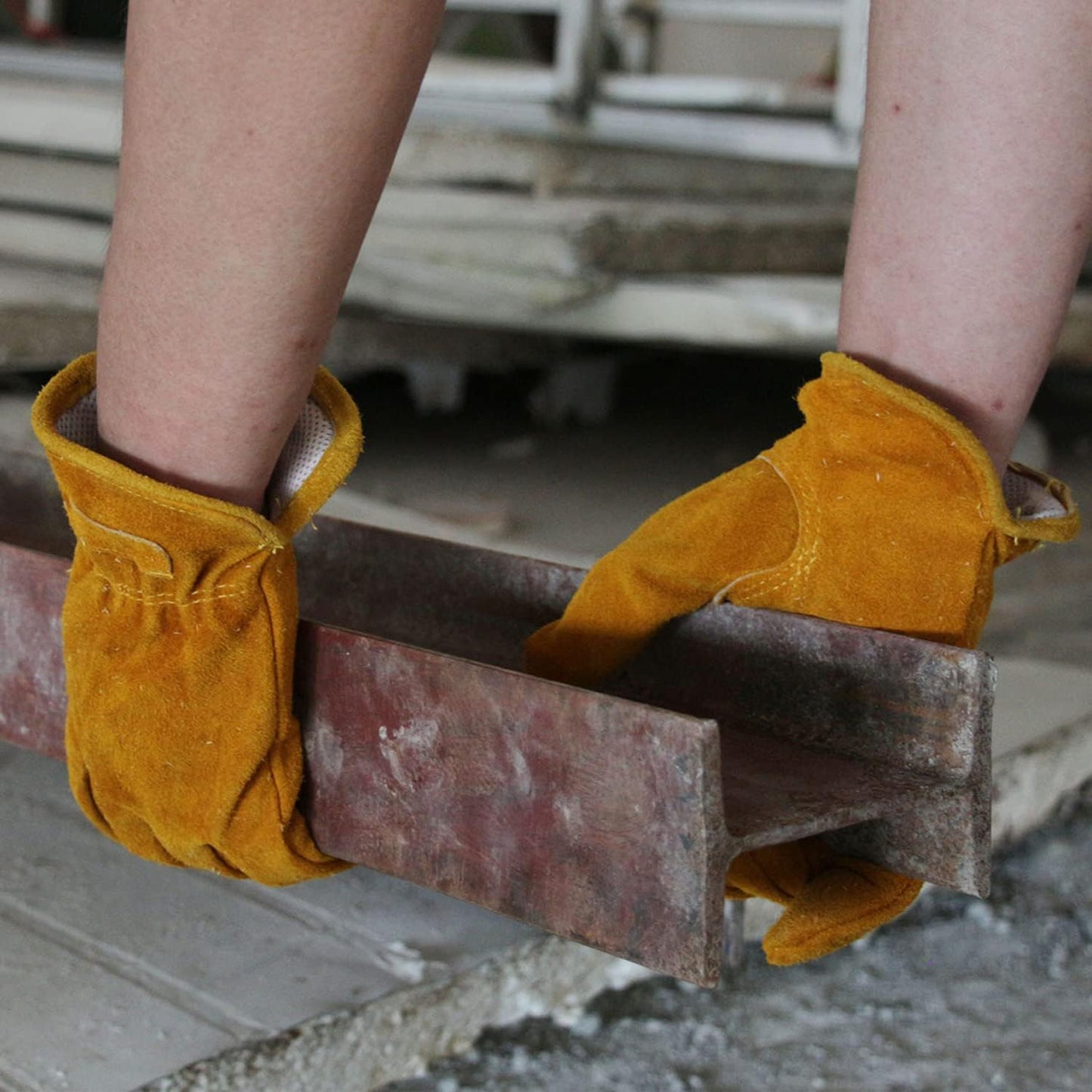 OZERO Leather Work Gloves Flex Grip Tough Cowhide Gardening Glove for Men and Women (Gold With Mesh Lining (1 Pair), X-Large)