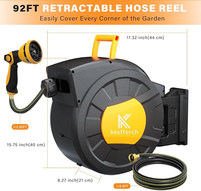 Retractable Hose Reel, 1/2 Inch x 98 FT Compact Water Hose Reel Wall Mounted Garden Hose Reel with 10 Pattern Nozzles, Any Length Lock, Slow Rewind Storage, 180°Swivel Bracket