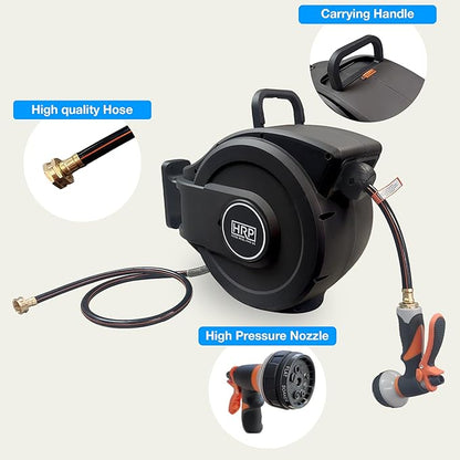 Retractable Garden Hose Reel, 50 ft Wall-Mounted Garden Hose with Automatic Rewind, 10-Function Spray Nozzle, 180° Swivel Bracket, Heavy-Duty Leak-Proof Design, Black