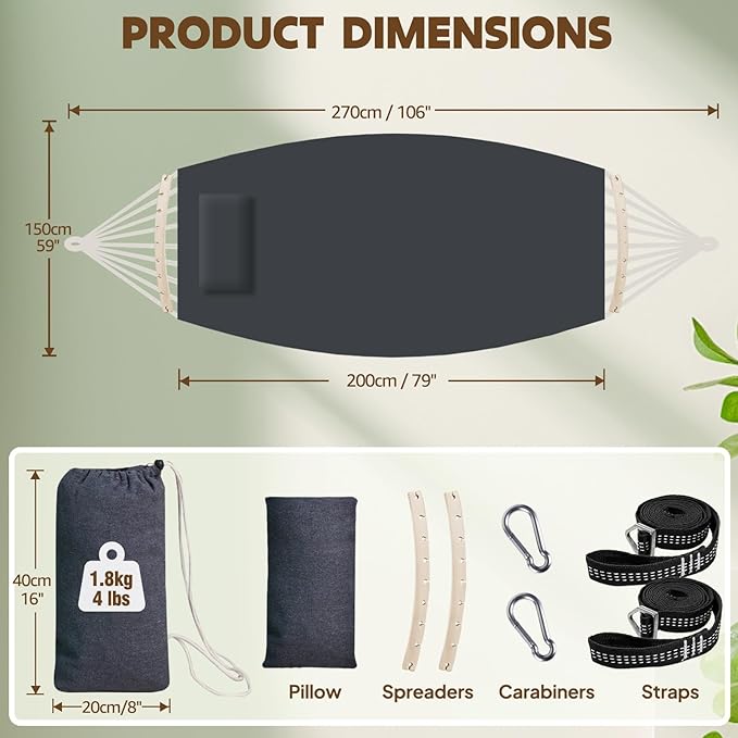 Chihee Cotton Hammock Large Soft Breathable Camping Hammock Holds Up to 660lbs Portable Tree Hammock with Detachable Spreader Bar Pillow 2 Strong Webbings 2 Carabiners Patio Garden Indoor Outdoor