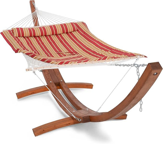 SUNCREAT Rope Hammocks for Outside with Polyester Pad and Stand, Extra Large Double Hammock with Wooden Stand, Red Strips