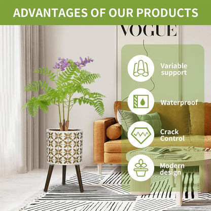 10 Inch Planter with Stand, Modern Plants Pot for Indoor Plants with Legs, Large Planter Pot with Drainage Holes for Outdoor,White/Gold