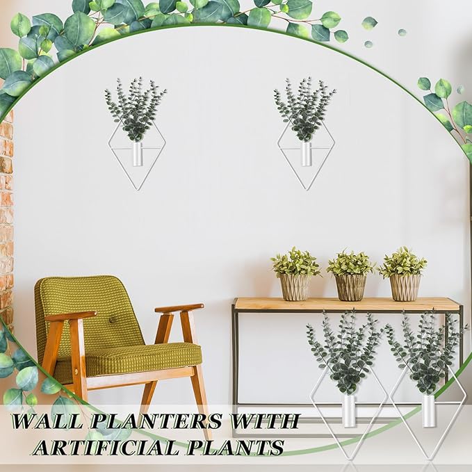 Jexine Hanging Planters with Artificial Eucalyptus Metal Hanging Vase Indoor Plants Holder Modern Geometric Boho Bathroom Wall Decor for Living Room Home Office(White,4 Pcs)