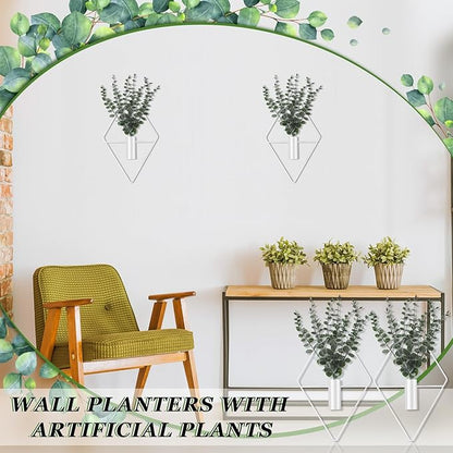 Jexine Hanging Planters with Artificial Eucalyptus Metal Hanging Vase Indoor Plants Holder Modern Geometric Boho Bathroom Wall Decor for Living Room Home Office(White,4 Pcs)