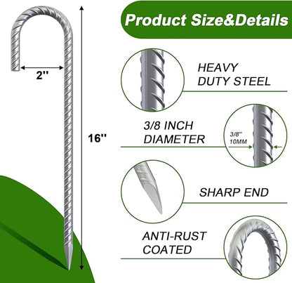 AAGUT Rebar Stakes 16 Inch J Hook Heavy Duty 8 Pack, 3/8 Inch Galvanized Metal Steel Ground Anchors Chain Link Fence Stakes for Camping Tent, Inflatables, Yard Decorations, Canopies & Swing Sets