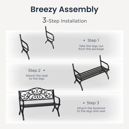 PHI VILLA 50-Inch Cast Iron Steel Frame Garden Bench Outdoor Patio Bench Chair w/Floral Design Backrest, Slatted Seat for Park, Yard & Porch, Black