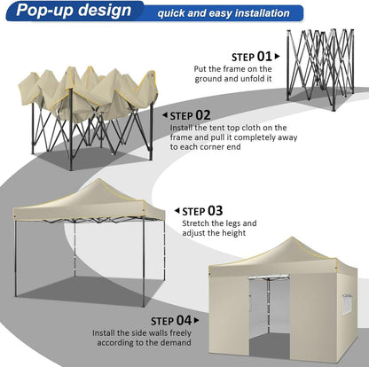 COBIZI 10x10 Heavy Duty Pop up Canopy with 4 Removable Sidewalls, Canopy Tent with Portable Bag, Ez Pop up Tent Commercial Gazebo Waterproof Sunshade for All Weather Party Camp Stall Patio,Khaki