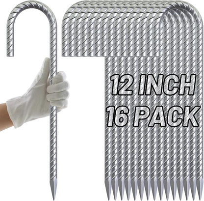 AAGUT Rebar Stakes 12 Inch J Hook Heavy Duty 16 Pack, 3/8 Inch Galvanized Metal Steel Ground Anchors Chain Link Fence Stakes for Camping Tent, Inflatables, Yard Decorations, Canopies & Swing Sets