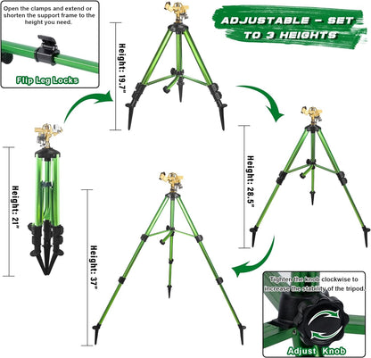 Triumpeek Impact Sprinkler on Tripod Base with Stakes, 360 Degree Large Area Coverage Irrigator with Extension Legs, Adjustable Brass Sprinkler Head Nozzle and 3/4" NH Inlet Hose Connection (1)