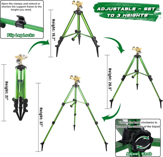 Triumpeek 2 Pack Impact Sprinkler on Tripod Base with Stakes, 360 Degree Large Area Coverage Irrigator with Extension Legs, Adjustable Brass Sprinkler Head Nozzle and 3/4" NH Inlet Hose Connection