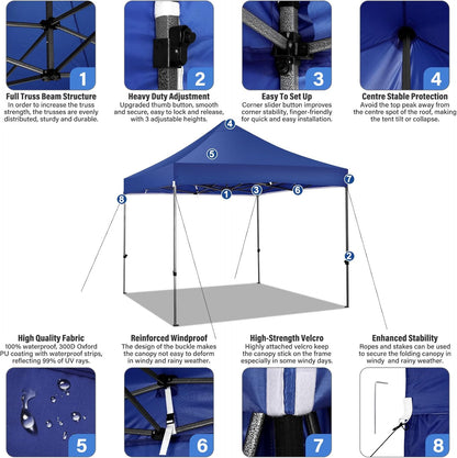 COBIZI 10x10 Pop up Canopy Heavy Duty Without Sidewalls, Easy Set-up Commercial Outdoor Party, 100% Waterproof Wedding Canopy Gazebo, 3 Height Adjustable with Handle Bag,Dark Blue