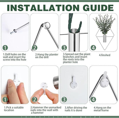 Jexine Hanging Planters with Artificial Eucalyptus Metal Hanging Vase Indoor Plants Holder Modern Geometric Boho Bathroom Wall Decor for Living Room Home Office(Chrome Sliver,4 Pcs)