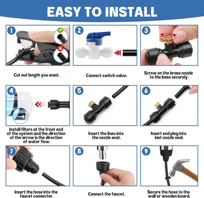 Kalolary 100Ft Misting Cooling System, Misters for Outside Patio with Water Filter, 100FT(30M) Misting Line, 30 Brass Mist Nozzles & 2 PE Adapters 3/4" Outdoor Mister for Backyard Garden Greenhouse