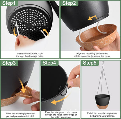 10/9/8 Inch Hanging Planter for Indoor Outdoor Plants, 3 Pack Self-Watering Hanging Pot with Drainage Holes Hanging Planter Baskets Plant Pots with Removable Tray (Black+Brown)