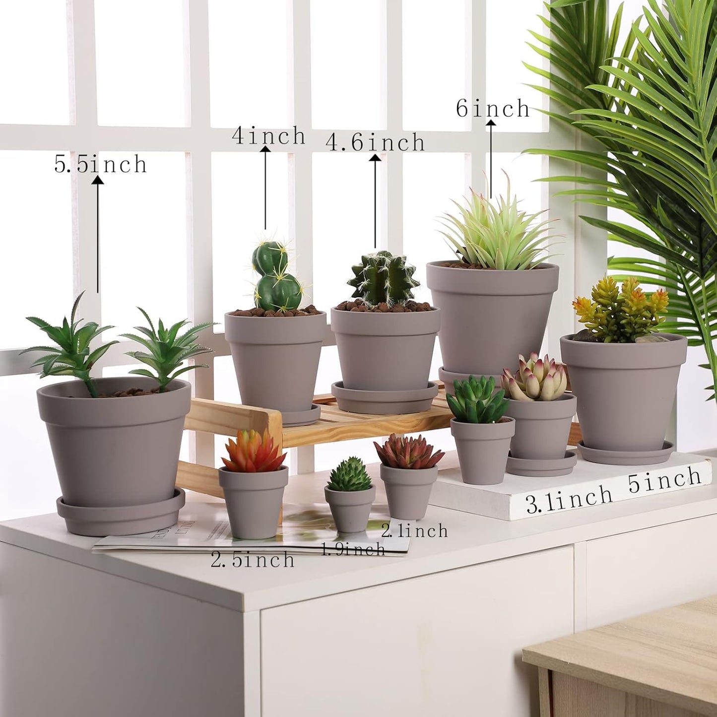 Terra Cotta Pots with Saucer- 6-Pack Large Terracotta Pot Clay Pots 5.5'' Clay Ceramic Pottery Planter Cactus Flower Pots Succulent Pot with Drainage Hole- for Plants,Crafts terra cotta planter(Grey)