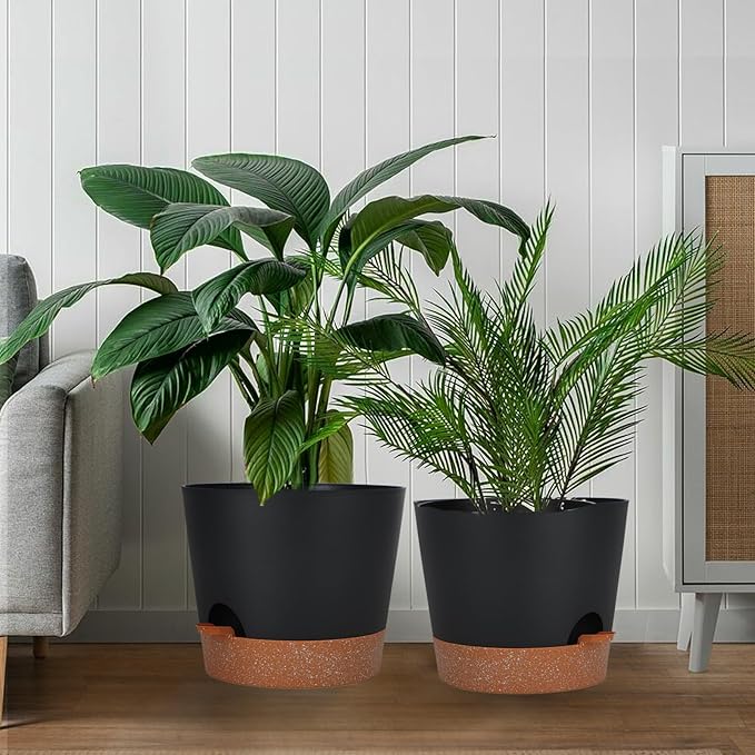 12inch Large Self Watering Plant Pot, Plastic Cylinder Planter with 60Oz Deep Reservoir and Saucer for Indoor Outdoor Plants Flowers Houseplants, Black with Brown
