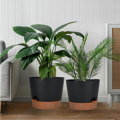 12inch Large Self Watering Plant Pot, Plastic Cylinder Planter with 60Oz Deep Reservoir and Saucer for Indoor Outdoor Plants Flowers Houseplants, Black with Brown