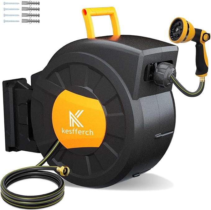 Retractable Hose Reel, 1/2 Inch x 98 FT Compact Water Hose Reel Wall Mounted Garden Hose Reel with 10 Pattern Nozzles, Any Length Lock, Slow Rewind Storage, 180°Swivel Bracket