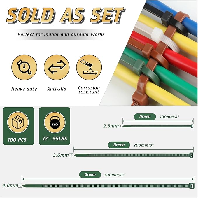 12 Inch 4.8mm Green Zip Ties, 55 Lbs PA66 Heavy Duty Plastic Wire Ties, Premium Self-locking Nylon Cable Ties Decoration Tie Wraps for Christmas Tree Oudoor Infoor Gardening Fence Grid Wall, 100 Pcs