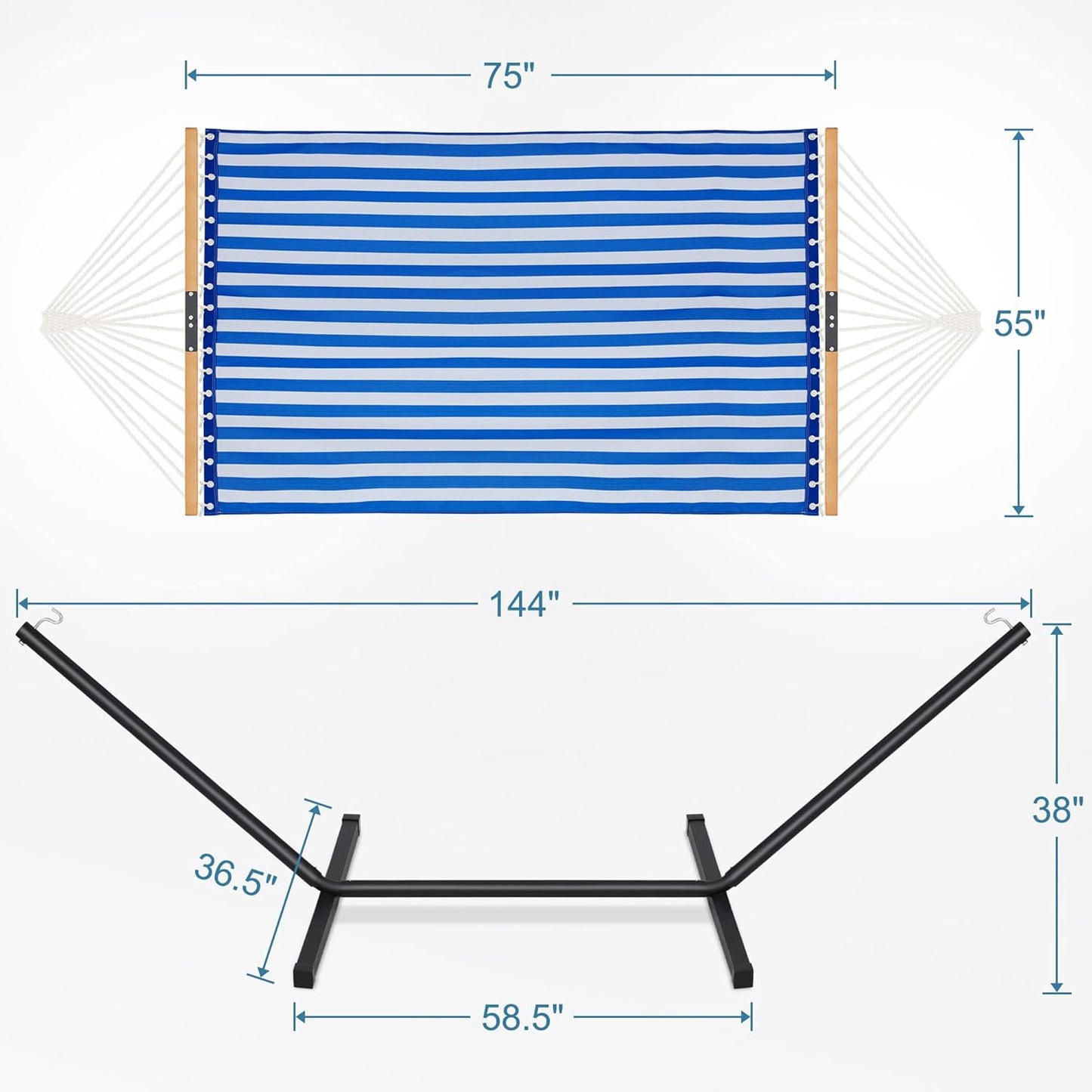 Two Person Hammock with Stand Heavy Duty, Outdoor Patio Hammock with Portable Steel Stand, Large Double Hammocks with Quick Dry Textilene Fabric,480lbs Capacity.(Blue White)