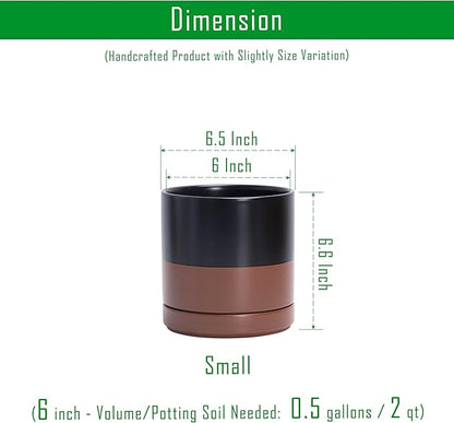 D'vine Dev 6.5 Inch Ceramic Planter Pot with Drainage Hole and Saucer, Indoor Cylinder Round Planter Pot, Black/Speckled Tan, 94-O-C-7