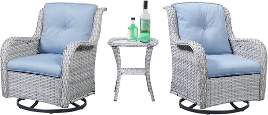 Outdoor Swivel Rocker Patio Chairs Set of 3, High Back Swivel Patio Chairs Wicker Furniture Set, 2 PCS Rattan Swivel Rocking Chair with Side Table, Light Grey Wicker