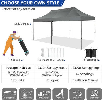 COBIZI 10x20 Pop up Canopy Tent Heavy Duty Without Sidewalls, Easy Set-up Commercial Outdoor Party Tent, 100% Waterproof Wedding Gazebo, 3 Height Adjustable with Wheeled Bag, Gray