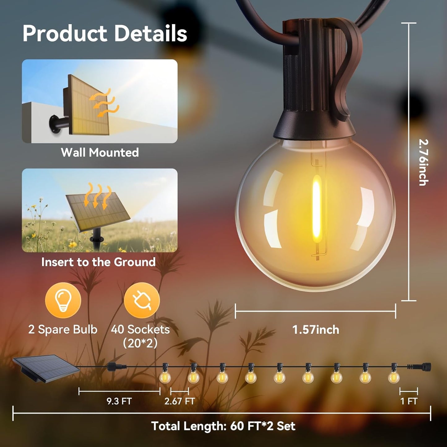 HJQ 120FT(60x2) Solar String Lights Waterproof, Patio Lights Solar Powered with Remote & USB Port, 40+2 LED Shatterproof Bulbs, 3 Modes, Dimmable Solar Lighting Hanging for Camping Backyard Garden