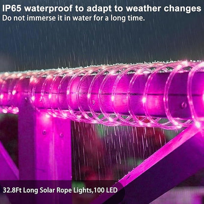 Pink Solar Rope Lights for Outside - 100 LED 33 FT Solar Powered String Lights Pink Fairy Light with 8 Lighting Modes, Outdoor Rope Light Waterproof for Christmas Wedding Garden Yard Party Home Decor