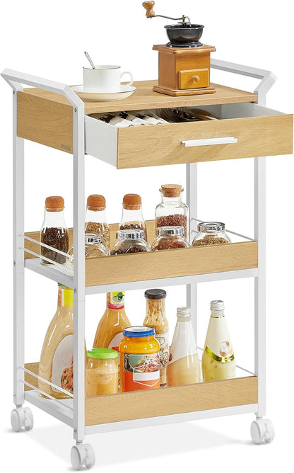 VASAGLE Storage Cart, 3-Tier Rolling Utility Cart with Table Top, Handles, 4 Lockable Casters, Top Drawer, Mesh Shelves, for Kitchen, Bathroom, Bedroom, Golden Oak and Cloud White ULRC048N01