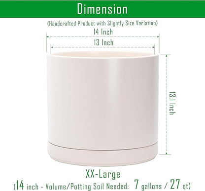 D'vine Dev 14 Inch Ceramic Planter Pot with Drainage Hole and Saucer, Indoor Cylinder Round Planter Pot, Oatmeal, 94-O-G-8