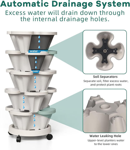 Strawberry Vertical Planter GardenTower, 5 Tiered Stackable Planter with Support Pole, Stacking Herb Vegetable Planters Indoor and Outdoor - Light Grey