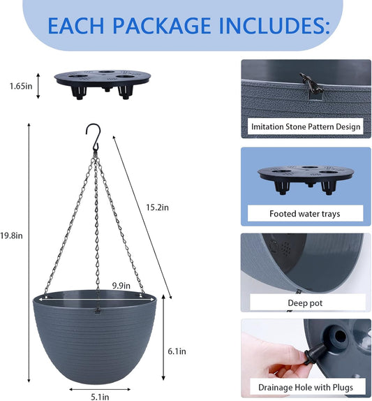 summer flower 2 Pack 9.9 Inch Self Watering Hanging, Deep Planters Hanging Pots for Indoor Outdoor Plants Hanging Baskets Hanging Plant Holder Plant Hanger for Flower Garden Porch Ceiling (Dark Gray)