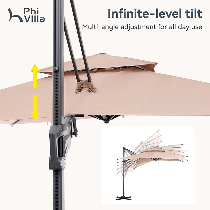 PHI VILLA 10ft Patio Cantilever Umbrella, 360° Rotation & Infinite Tilt Aluminum Square Double Top Outdoor Offset Umbrella, Heavy Duty for Garden Poolside Backyard, Beige (No Base)