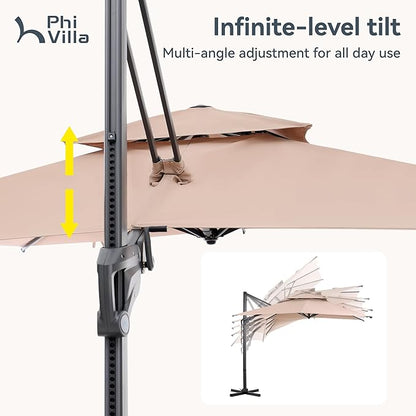 PHI VILLA 10ft Patio Cantilever Umbrella, 360° Rotation & Infinite Tilt Aluminum Square Double Top Outdoor Offset Umbrella, Heavy Duty for Garden Poolside Backyard, Beige (No Base)
