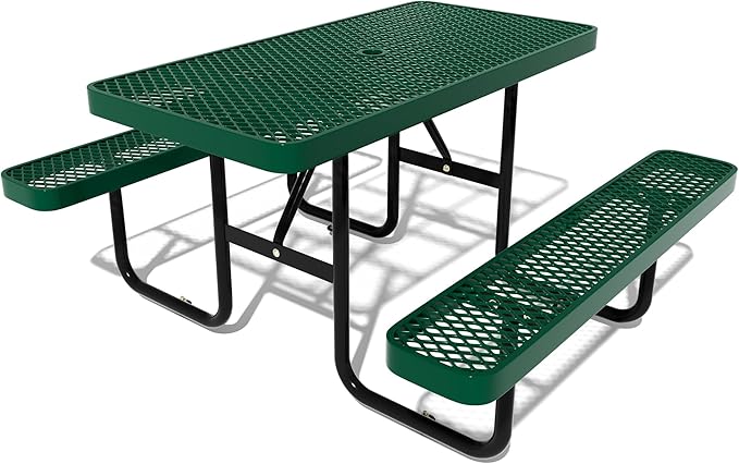 48'' Rectangular Steel Picnic Table for Outdoors,Commercial Metal Picnic Table Bench Set with Umbrella Hole,School Canteen Table W/Seats - Heavy Duty Sturdy Picnic Tables Furniture for Patio Garden