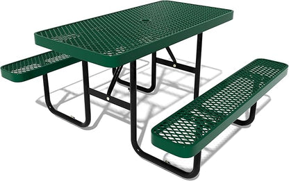 48'' Rectangular Steel Picnic Table for Outdoors,Commercial Metal Picnic Table Bench Set with Umbrella Hole,School Canteen Table W/Seats - Heavy Duty Sturdy Picnic Tables Furniture for Patio Garden