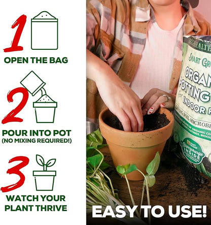 Organic Potting Soil for Indoor Plants. Boost House Plant Growth for Monstera, Fiddle Leaf, Money Tree, Pothos, Snake Plant, Aroid, Flowers, Herbs, Veggies, & More, Smart Grower 3 LB Ready to Plant