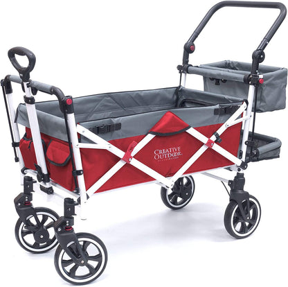 Creative Outdoor Push Pull Collapsible Stroller Wagon for Kids with Canopy,150lbs Weight Capacity, Folding Cart, Titanium Series Plus, Beach, Park, Garden (Red & Grey)