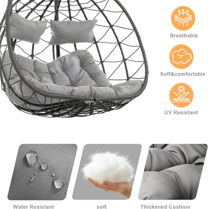 2 Person Double Egg Swing Chair with Stand Indoor Outdoor, Hammock Egg Chair Outdoor, Patio Wicker Hanging Egg Chair w/Cushion 700LBS Capacity for Bedroom, Balcony, Garden, Grey