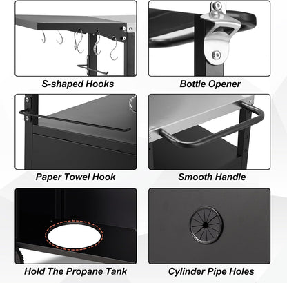 Spurgehom Outdoor Grill Cart, Pizza Oven Stand Table with Stainless Steel Top Movable Kitchen Cooking Prep Table BBQ Cart Kitchen Prep