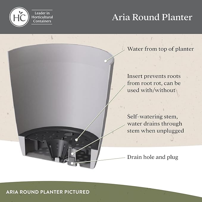 The HC Companies Aria Round Self-Watering Pot - Lightweight Plastic Planter for Herbs & More - Durable Plant Pots for Indoor Plants & Outdoor Plants (8" Warm Gray, Pack of 1)