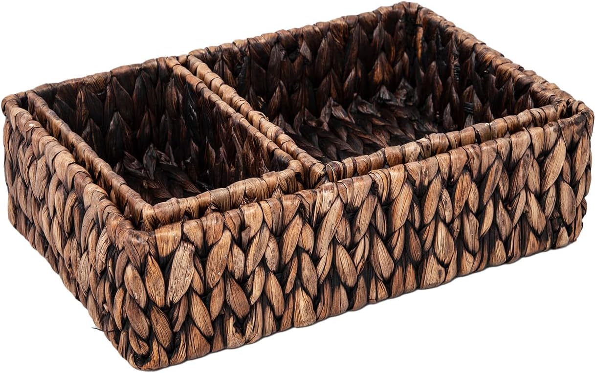 Handwoven Wicker Storage Baskets Set, Natural water hyacinth & Iron Frame | Triple Sizes (Small, Medium, Large) for Home Organizing, Bathroom, Shelves | Woven Baskets for Storage & Decor (Dark Brown)