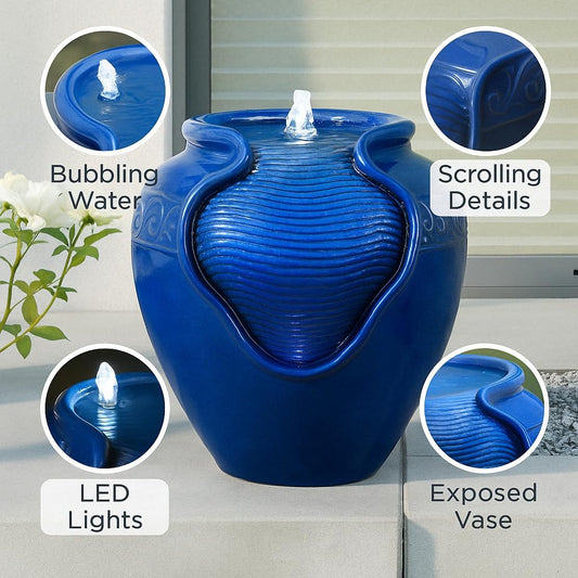 Teamson Home Outdoor Water Fountain, Glazed Pot Ceramic Look with LED Lights & Pump, Royal Blue, 16.93” Patio Garden Water Feature, Cascading Zen Fountain for Backyard, Porch, Deck, Home Decor