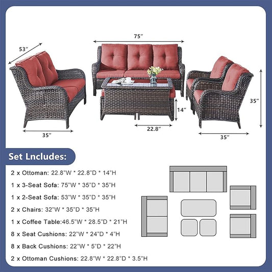 Outdoor Patio Furniture Sofa Set - 7 Piece Rattan Wicker Patio Sectional Conversation Sets with 1 Sofa,1 Loveseat,1 Coffee Table,2 Armrest Chairs and 2 Ottomans for Porch Deck Garden(Brown/Red)