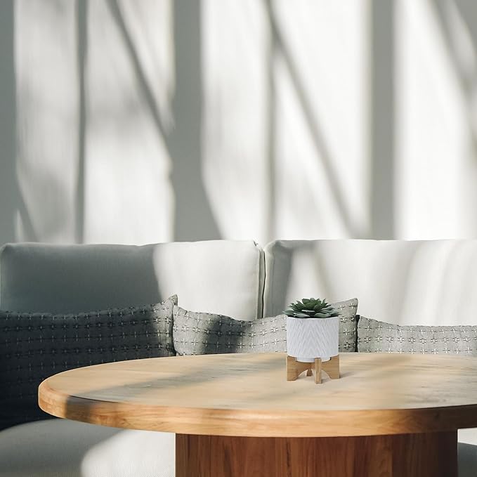 Sagebrook Home Modern Ceramic Planter with Stand - Textured Stoneware Pot with Bamboo Base for Indoor & Outdoor Plants - Decorative Flower Pot for Home & Garden - 8" White